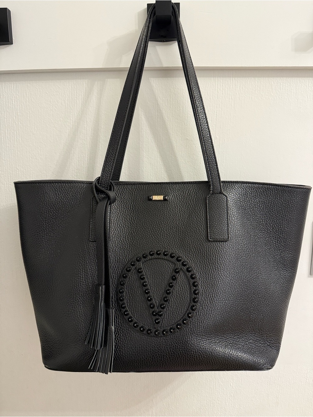 Valentino by Mario Valentino Black Leather Tote Bag with Studded Circle Logo